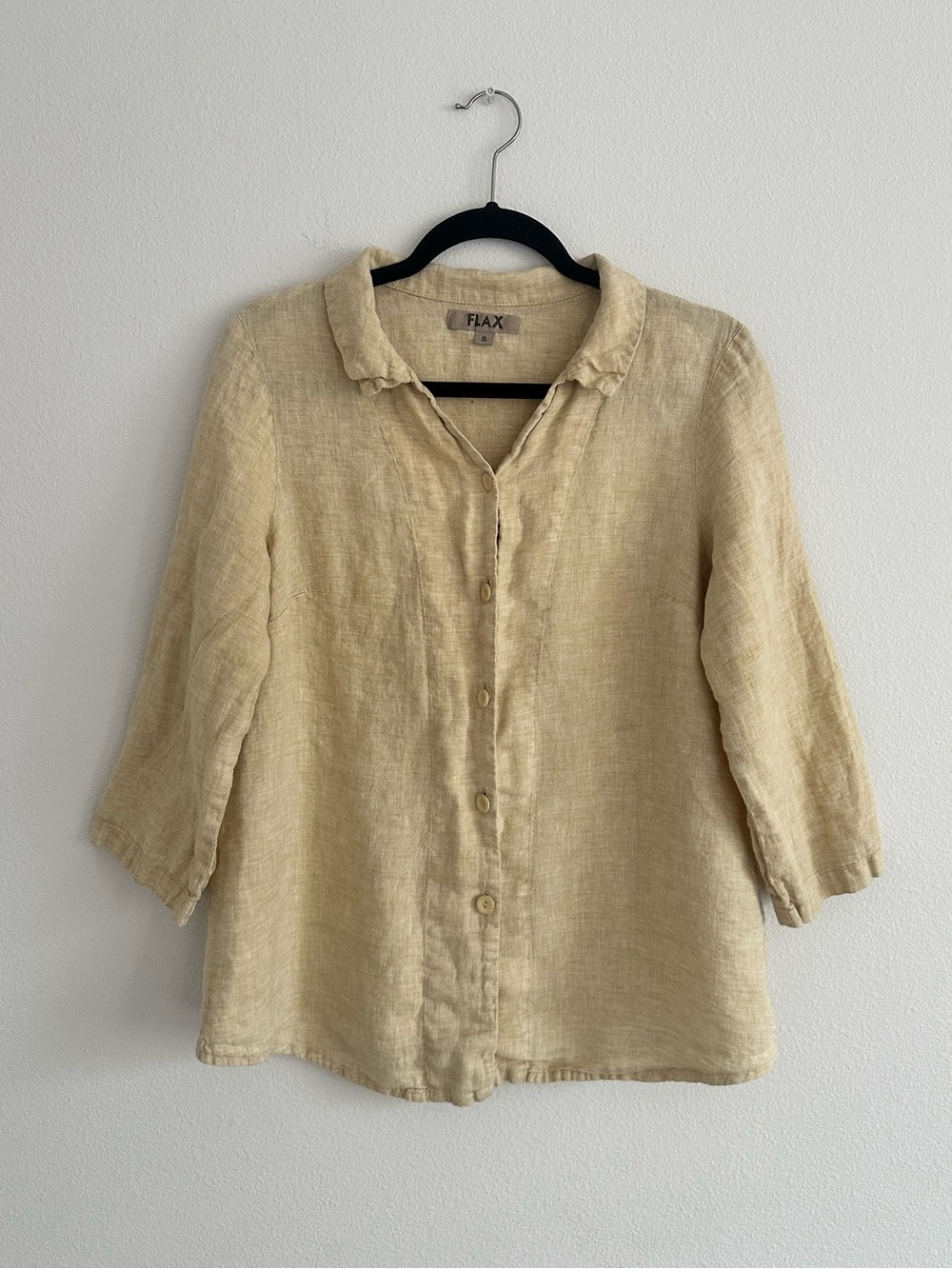 FLAX Womens Linen Quarter Sleeve Button Down Beige Shirt Size S Lagenlook